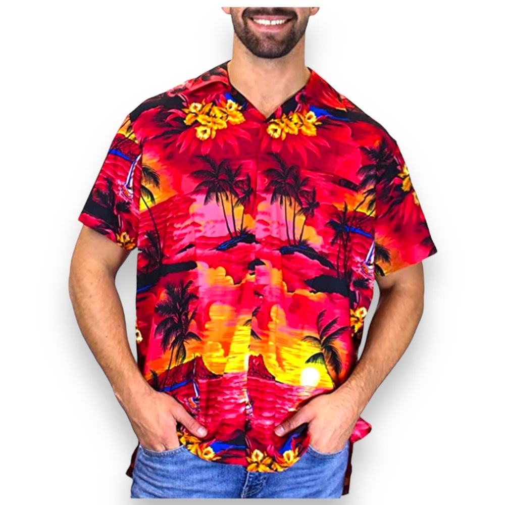 VHO Mens Short Sleeve Button Front Funky Hawaiian Shirt Casual Tropical Red 3XL